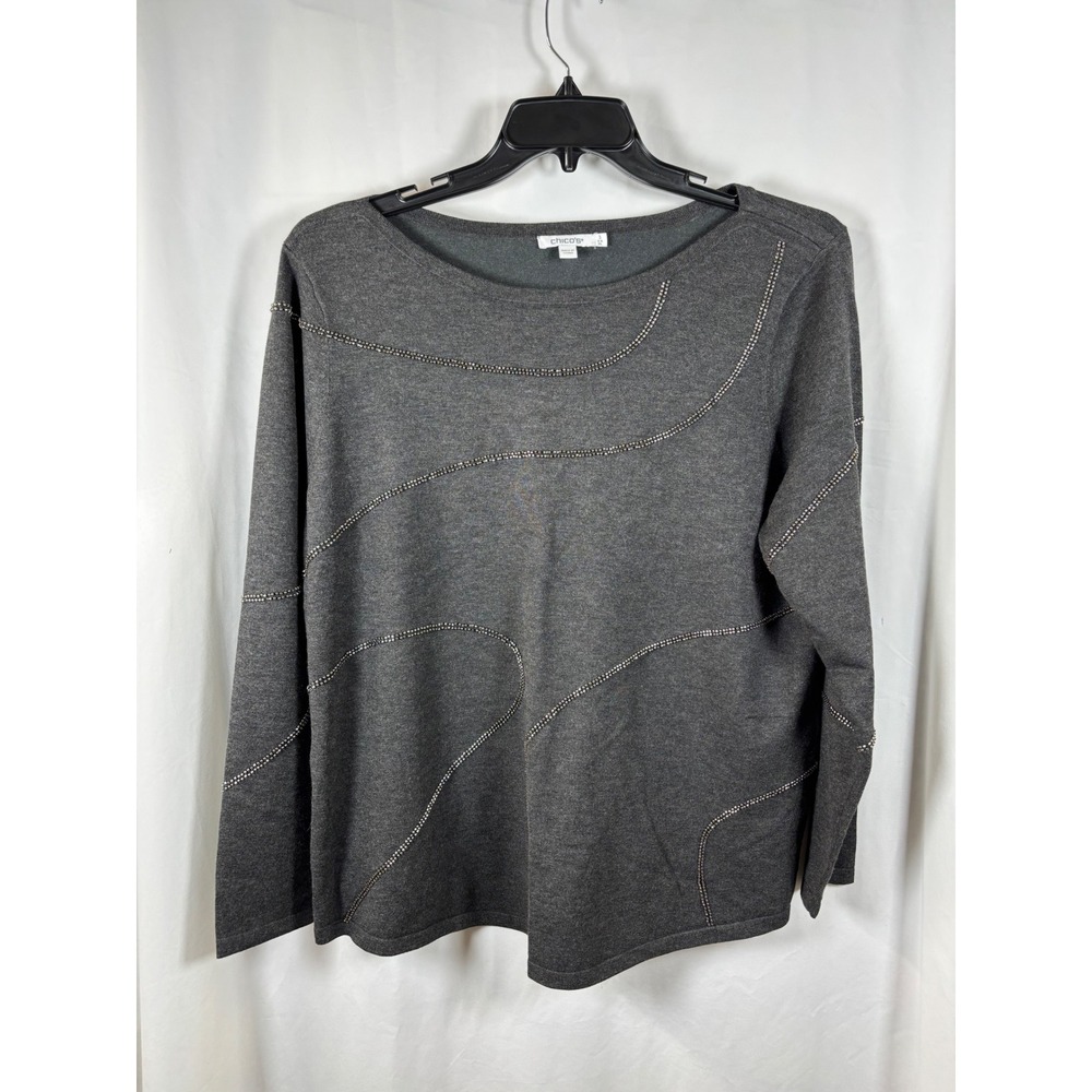Chicos Gray Beaded Wavy Line Knit Top Boat Neck Long Sleeve Size 3 - XL US